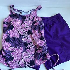 Ella Mae by Modli Maya tankini purple floral swim top  7” purple board shorts